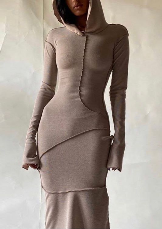 Hooded bell sleeve dress (tan)